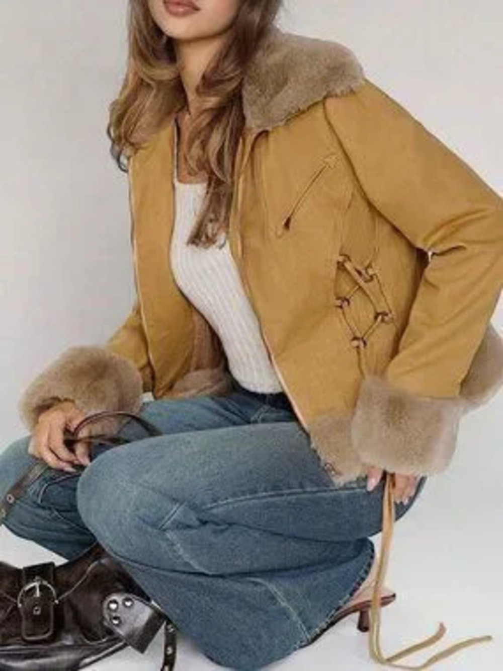 Khaki Bohemian Women's Slim Fit Coat with Faux Fur Patchwork